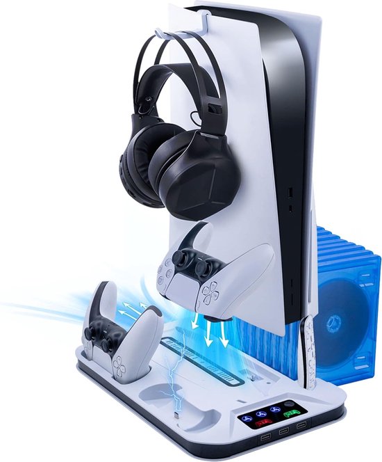 AriKroii PS5 Pro/PS5/PS5 slanke standaard en koelstation met RGB LED, PS Portal oplaadstation, PS5-koelstandaard met 3 niveaus koelventilator, PS Portal-accessoires (wit