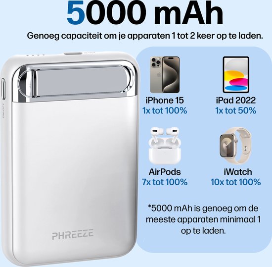 Phreeze Magnetische Powerbank 5000 mAh - Geschikt voor MagSafe - Powerbank Snellader - LED - Draadloos Opladen