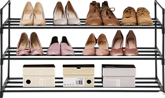 Nuvolix schoenenrek - Schoenenbank - schoenenkast - 3 laags - 12 paar schoenen - zwart - plastic - 92*30*54CM
