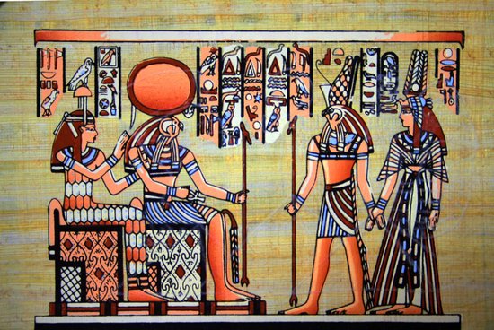 Egyptische papyrus met afbeelding van Imentet, Ra, Horus en Isiris