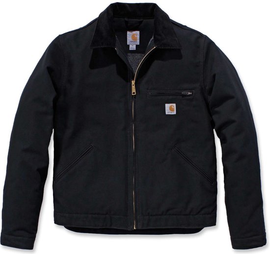 Zwarte Carhartt jas met rits, borstzakje, staand gefotografeerd.