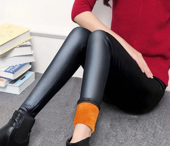 Legging Thermo Look Cuir - Zwart avec doublure polaire Oranje - jusqu'à -20°C - Taille 2XL - Legging d'hiver Leatherlook Femme