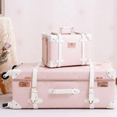 Koffer trolley, handbagage, harde schaal, kofferset, 2-delig, reiskofferset met 4 wielen, modieus design, Roze leren koffer, dameskoffer met cijferslot, Elegant roze, S(12")+M(20"), vintage