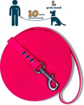 Miqdi lange lijn – BioThane® - neon roze – 10meter lang – 19mm breed – L/XL - grote hond– lange hondenriem
