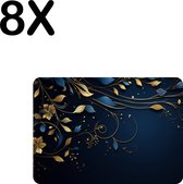 BWK Flexibele Placemat - Donker Blauwe Achtergrond met Gouden Bloemen - Set van 8 Placemats - 35x25 cm - PVC Doek - Afneembaar