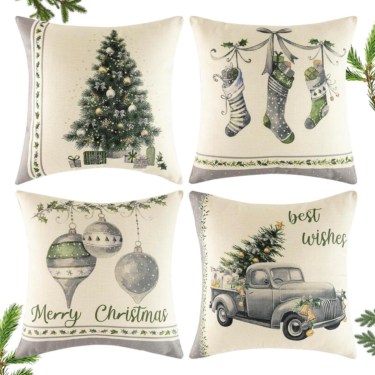Kussenslopen voor Kerstmis, 4 stuks, 45 x 45 cm, kussensloop Kerstmis linnen kussenslopen, Elk Kerstman patroon kerst kussen - grijze stijl