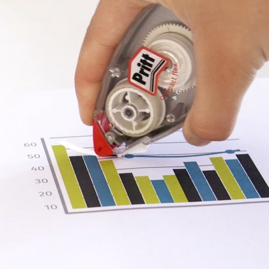Main tenant un rouleau correcteur Pritt mini, l'appliquant sur un graphique. Le rouleau est transparent avec des détails rouges.