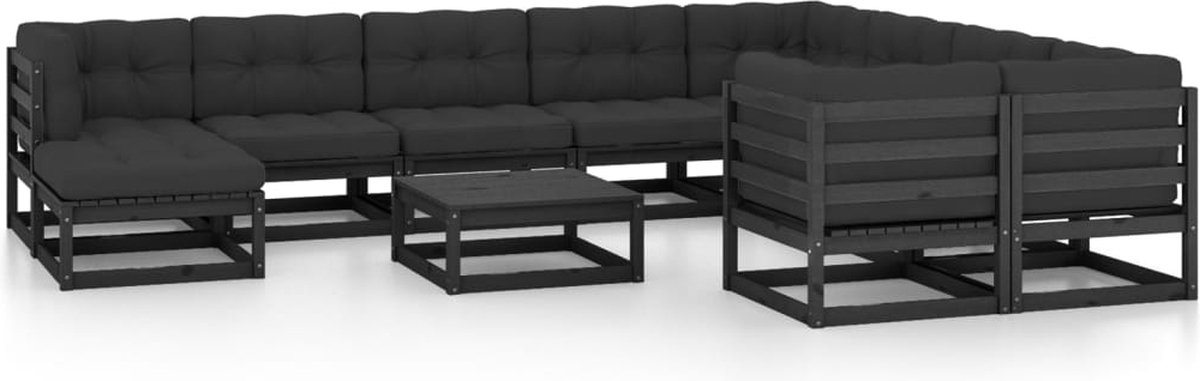 The Living Store 11-delige Loungeset met kussens massief grenenhout zwart - Tuin Lounge Set - Loungegroep - Houten Tuinstoel - Buitenkamer - Veranda