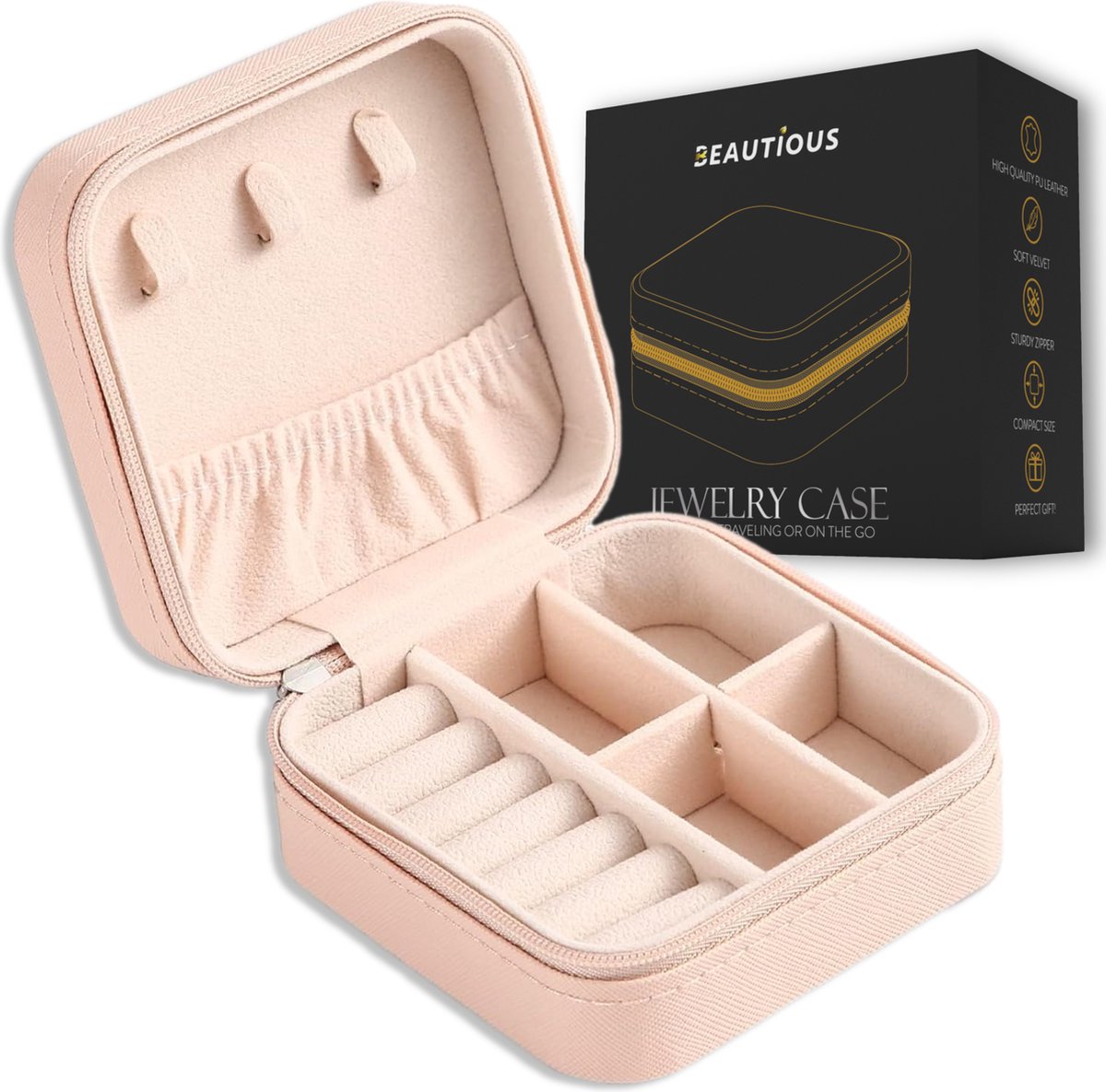 Beautious® Luxe Sieradendoos – Sieradenhouder – Juwelendoos – Compact - Ring/Oorbellen/ Ketting/Horloge - Roze
