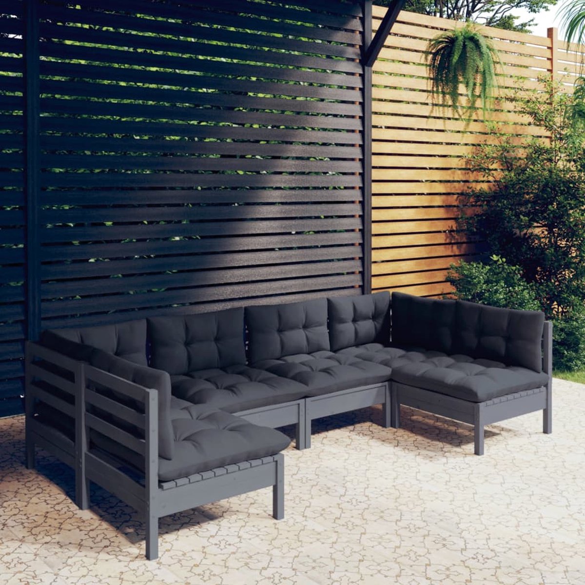 Loungeset van massief grenenhout in grijs met kussens - Tuinmeubilair.