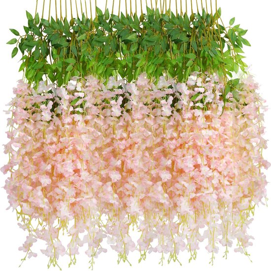 Pakket van 12 kunstmatige Wisteria bloemen, lichtroze Wisteria slinger, kunstmatige planten, hangende Wisteria zijden bloemenslinger voor thuis- en tuindecoratie, bruiloftsdecoraties, feestdecoratie.