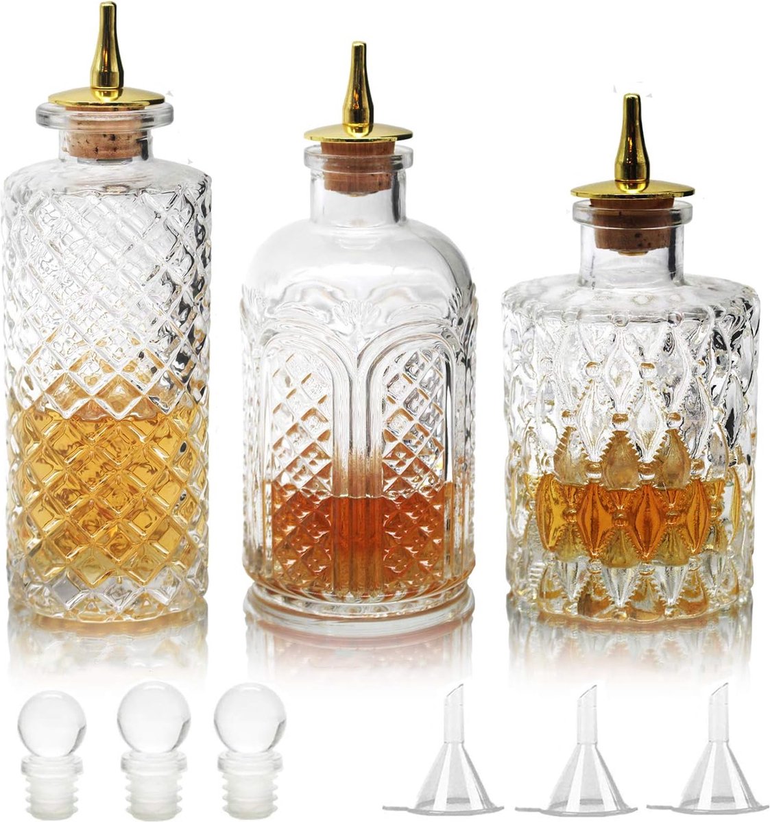 Bouteille à Amers Décorative En Verre 30 Ml Avec Couvercle Doré - Pour Cocktails, Bar Et Usage Maison