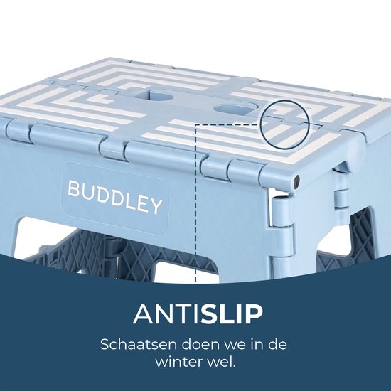 Close-up van een blauw BUDDLEY krukje met wit geometrisch patroon. Antislip oppervlak.