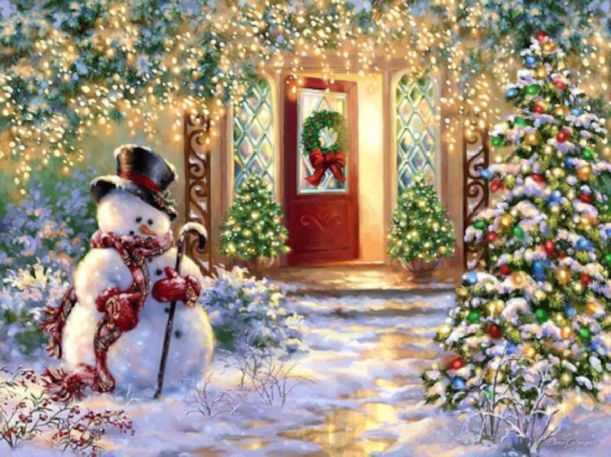 Diamond painting sneeuwman deur kerstboom lampjes 30x40cm vierkante steentjes