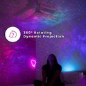 Een kamer met een sterrenprojector die de muren en het plafond verlicht met paarse en blauwe nevels en witte sterren. Een vrouw zit op bed en kijkt omhoog. Een neon hartje.