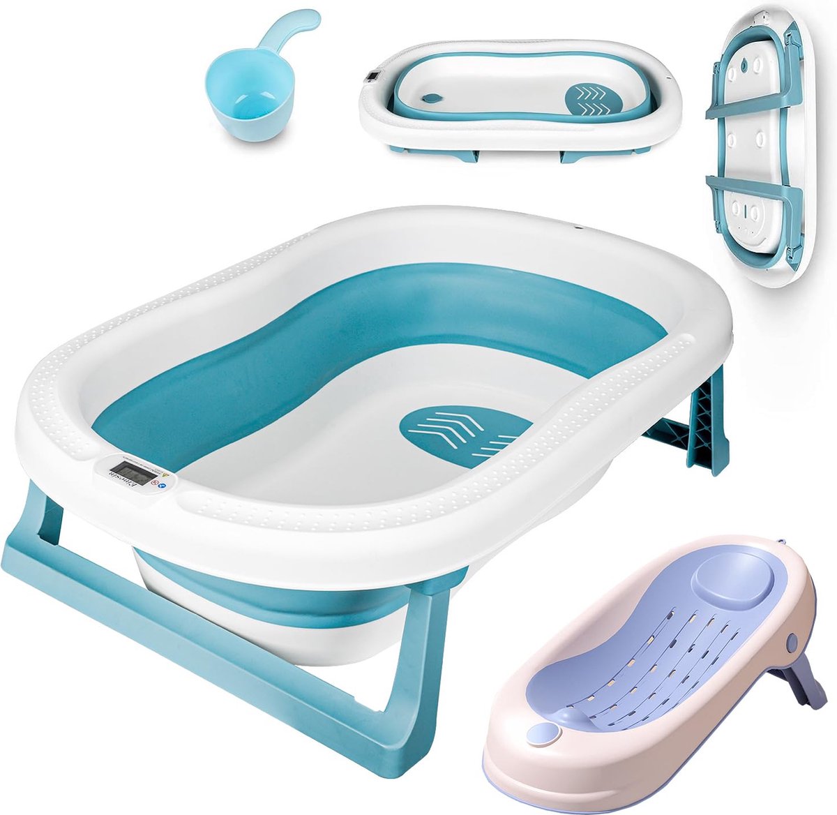 Goedkoopste Grote opvouwbare babybad met een inhoud van 55 liter, babybad inclusief badinzetstuk, kinderballen, babyhaarwasbeker, opvouwbaar babybad voor baby's van 0-6 jaar, 80 x 49 x 25 cm (blauw (met bad).