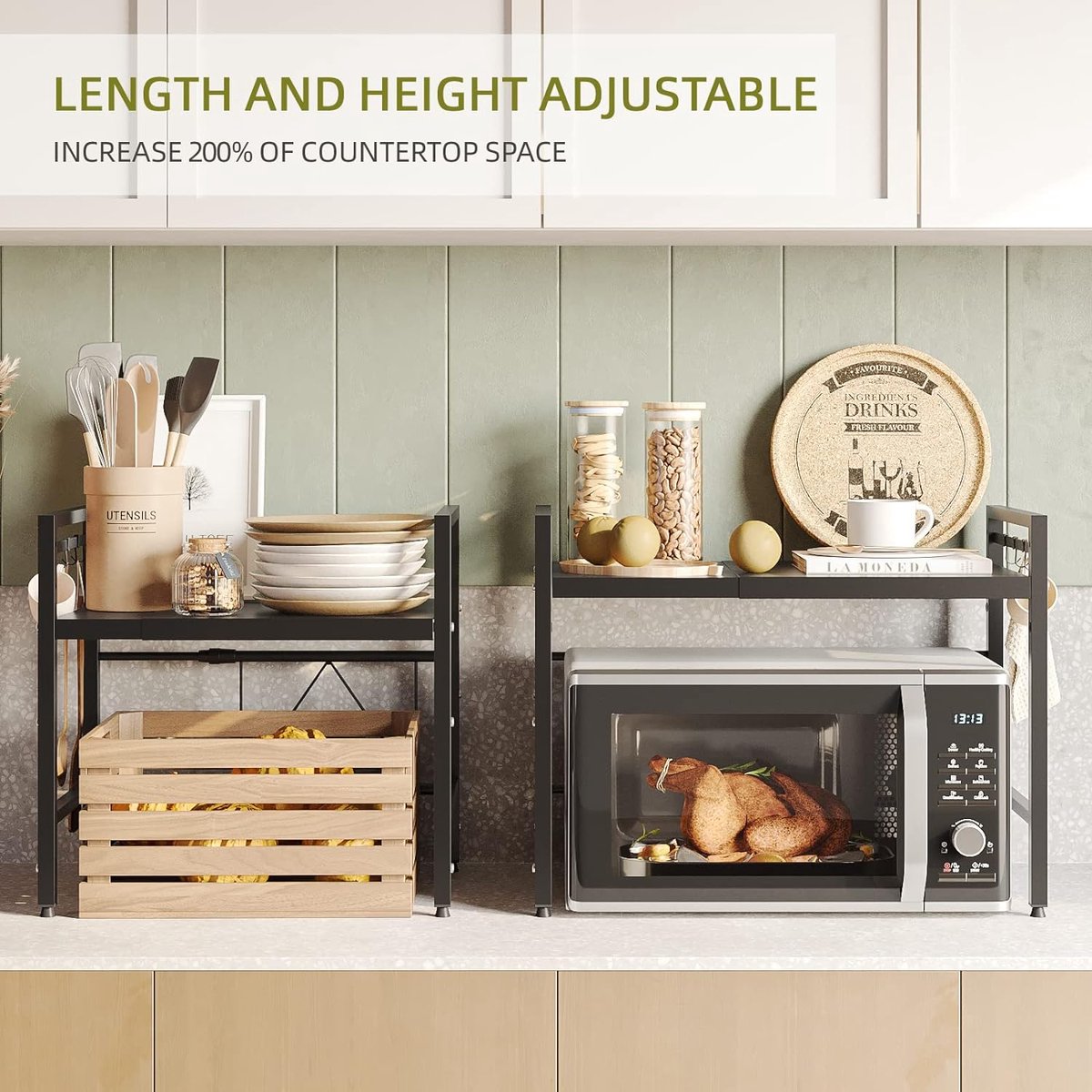 Étagère Extensible Pour Micro-Ondes à 2 Niveaux Avec 6 Crochets - Gris, 39 à 64 Cm, Organisateur De Cuisine