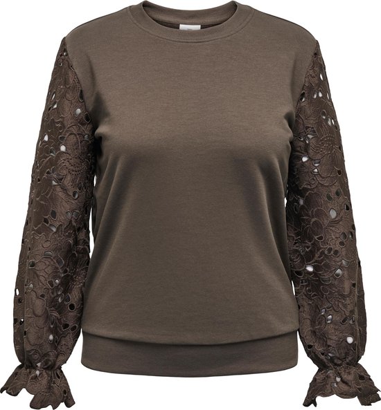 ONLY CARMAKOMA CARWANTED SWEAT-SHIRT L/ S COL ROND ET MANCHES DENTELLE MARRON BROSSÉ Taille L 50/52