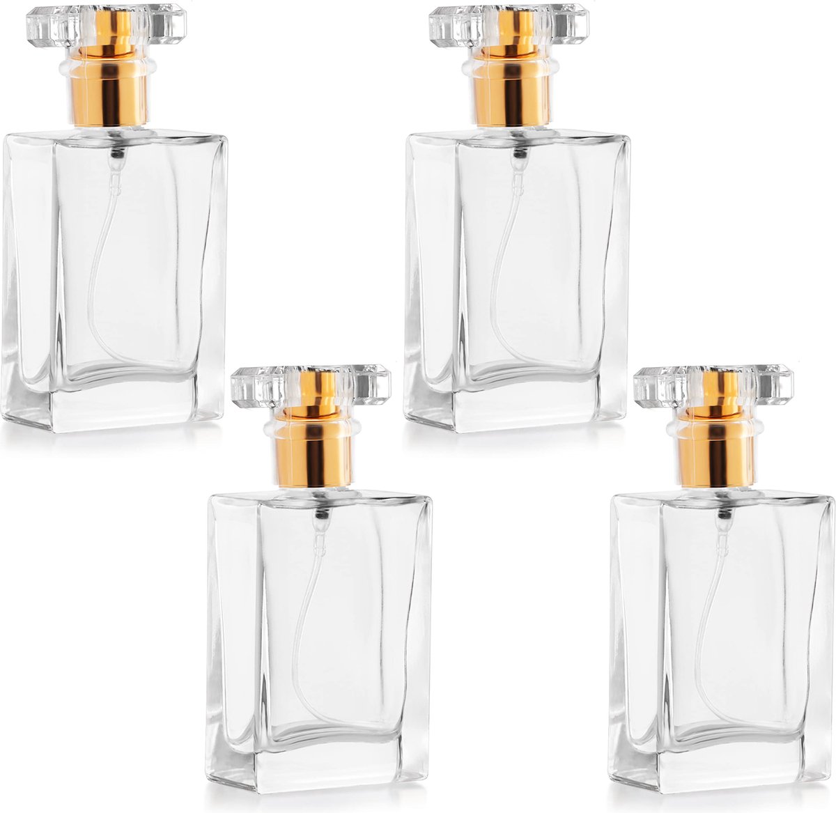 BELLE VOUS 4 Pak Lege Navulbare Parfum Spuitflessen 50 ml Vierkant Doorzichtig Glazen Verstuiver met Gouden Bemistingspomp Draagbaar voor Reizen Essentiele Olies Aftershave en Meer