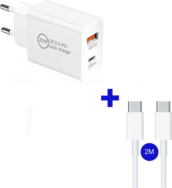 USB C Adapter + Kabel 2M - USB stekker 20W - geschikt voor Apple iPhone 15/14/13/12/11 - geschikt voor Samsung Galaxy S24/S23/S22/S21 - Snellader - Oplader - Universeel - Lader