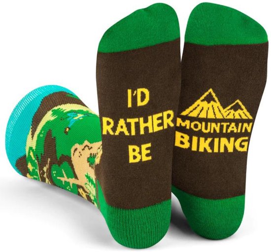 Sokken voor Mountainbike fietsers met grappige tekst op zolen: I'd rather be mountain biking - maat 38-44
