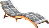 The Living Store houten ligbed - massief acaciahout - ergonomisch gebogen vorm - incl - kussen - grijs ruitpatroon - 184x55x64 cm