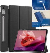 Tablethoes en Screenprotector geschikt voor Lenovo Tab P12 - Tri-fold hoes met Auto/Wake functie - Zwart