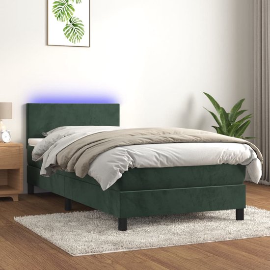 The Living Store Bed - Donkergroen - Fluwelen stof - Verstelbaar hoofdbord - LED-verlichting - Pocketvering matras - Huidvriendelijk topmatras - 203x100x78/88 cm