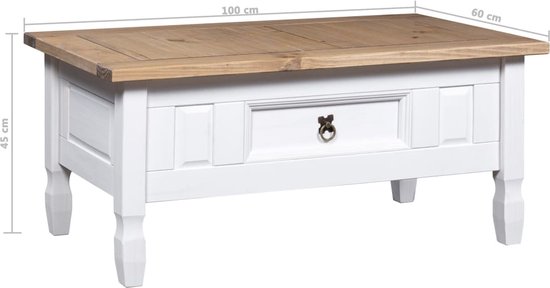 The Living Store Table basse en bois style Corona- 100 x 60 x 45 cm - blanc/marron avec tiroir
