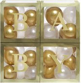 Vier doorzichtig letter ballon blokken goud met 24 ballonnen goud en wit - ballonbox - ballon blokken - baby - geboorte