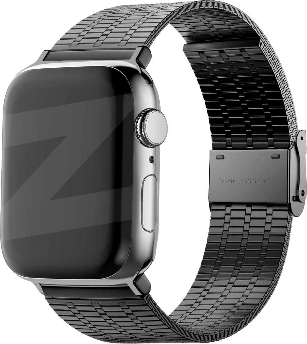 Bandz Verstelbare stalen band geschikt voor Apple Watch 1/2/3/ 4/5/6/8/9/SE - Maat: 38 / 40 / 41 / 42mm - Hoogwaardig stalen materiaal smartwatchbandje - Gemakkelijk in te korten met de meegeleverde toolkit - zwart stalen Apple Watch bandje