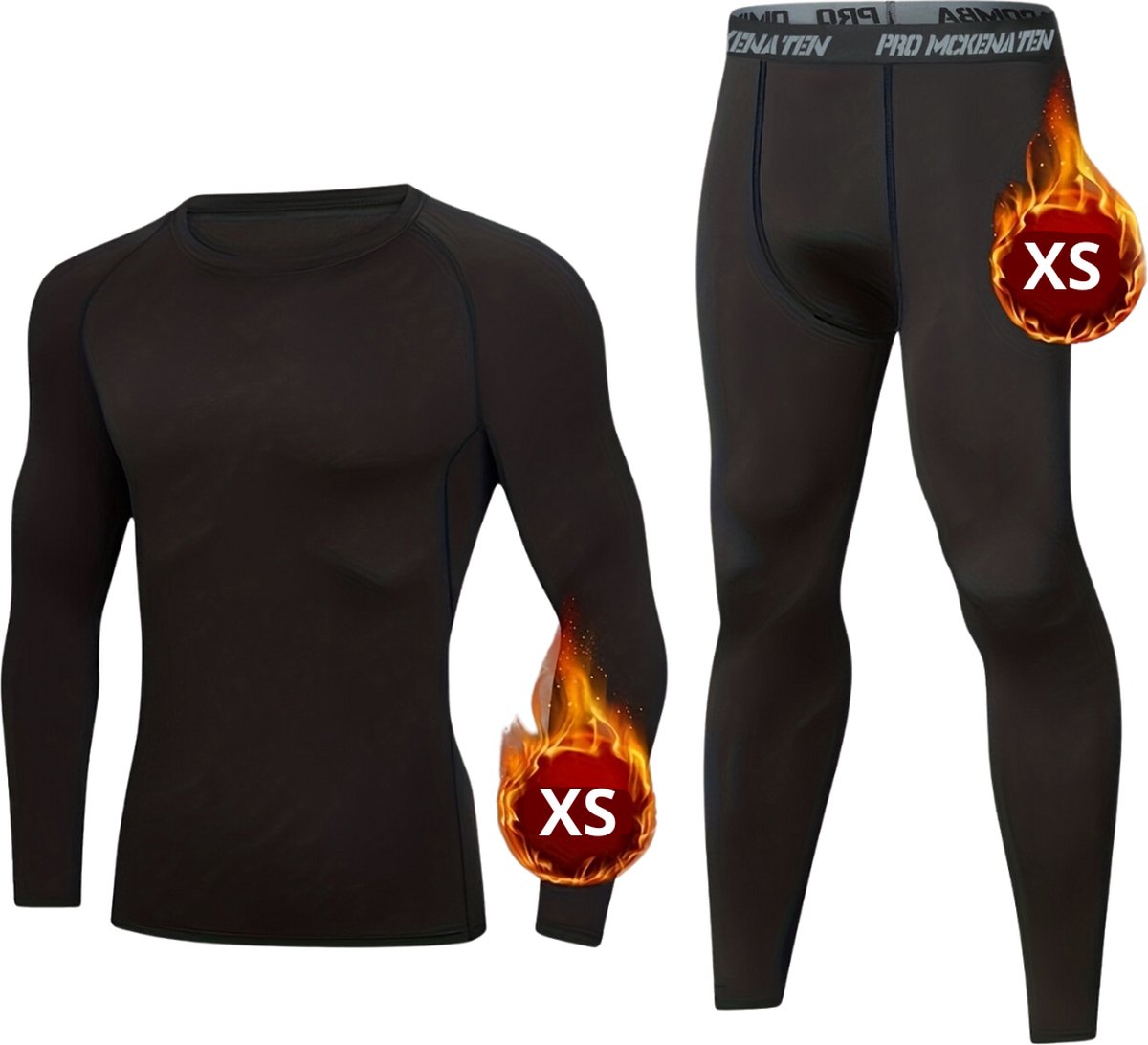 Livano Thermokleding – Thermo – Thermoshirt – Thermobroek – Beenverwarmers – Heren – Fleece – Set – Broek + Shirt – Zwart – Maat XS