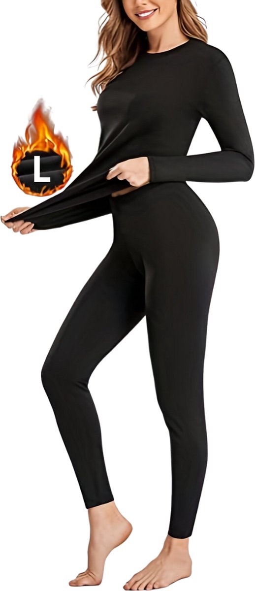 Livano Thermokleding – Thermoshirt – Thermobroek – Thermo – Beenverwarmers – Voor Dames – Fleece – Set – Broek + Shirt – Zwart – Maat L