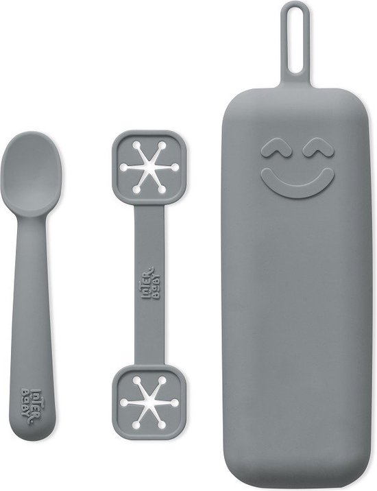 Bestekhouderset - baby - eerste bestek - siliconen - baby cadeau - kraamcadeau - 3 delig - grijs van Huvety — afbeelding 2