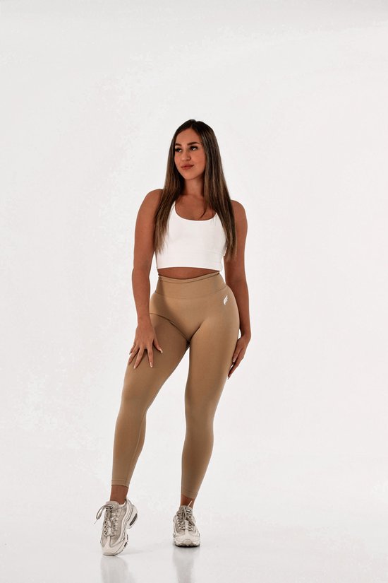 Dames sportlegging high waist - squatproof & stretchy met subtiele scrunch - geschikt voor fitness en yoga - DM Training Essentials Legging (beige) — afbeelding 4
