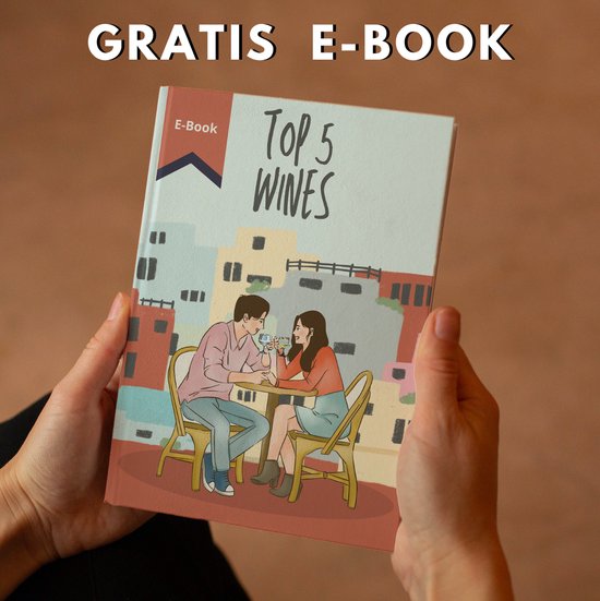 Handschrift E-book 'Top 5 Wijnen' met illustratie van een stel dat wijn drinkt.