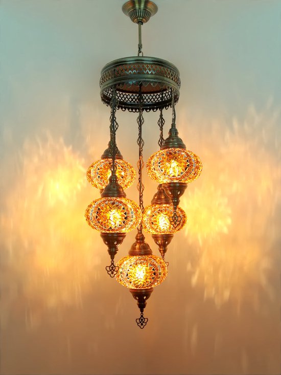 5 globe bollen Turkse hanglamp Oosterse kroonluchter bruin mozaïek glas