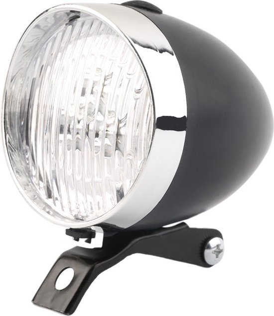 Zwarte fietslamp met chromen rand en geribbeld glas.