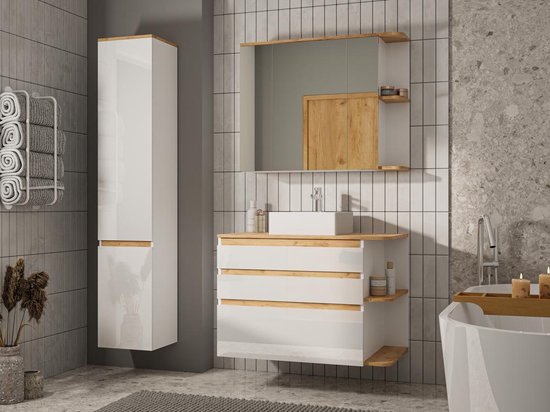 Meuble de salle de bain suspendu avec vasque, colonne et meuble miroir -  Naturel et... | bol