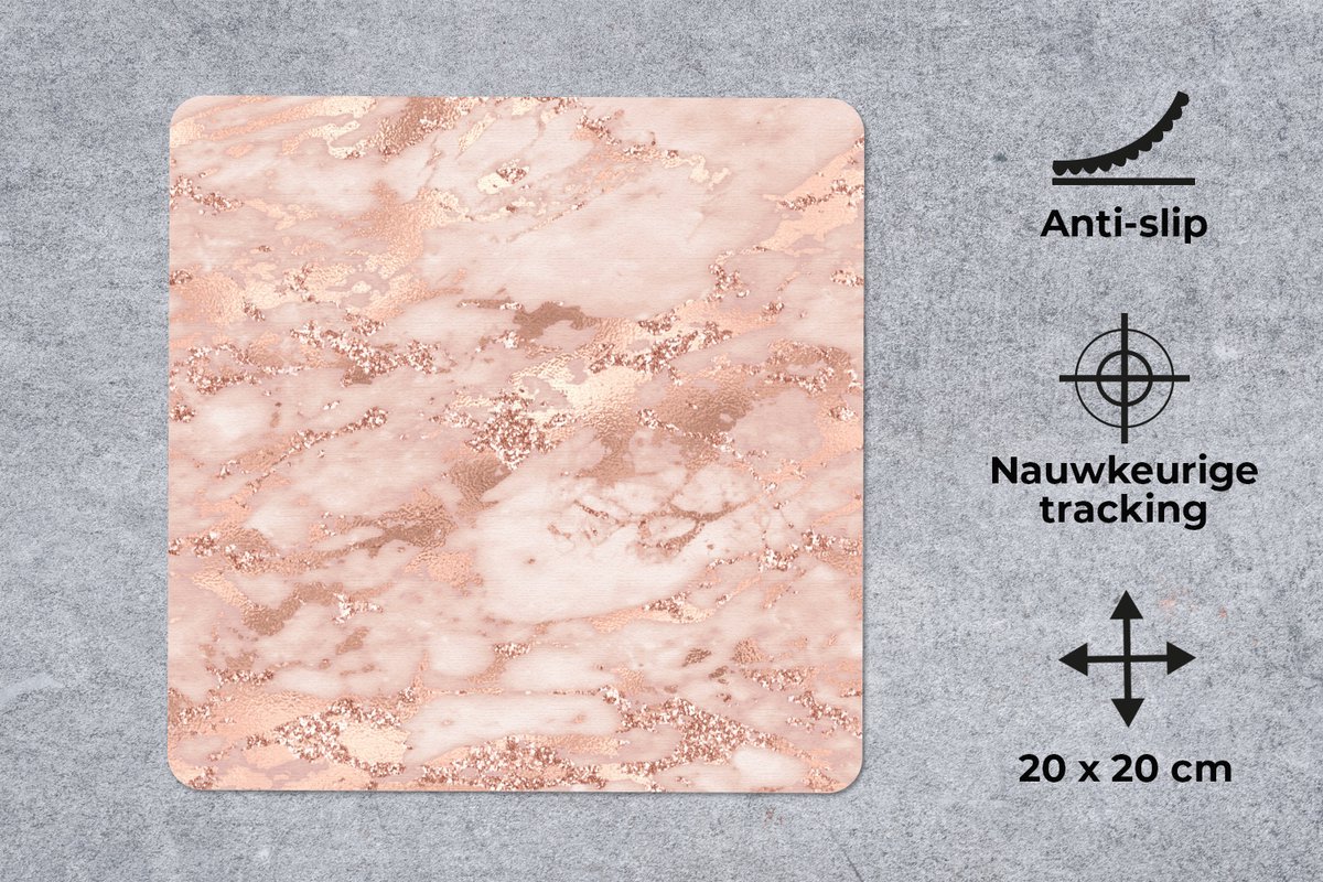 Muismat 20x20 cm - Mousepad Marmer - Luxe - Roségoud - Roze - Glitter - Marmer printlook - Muismatten