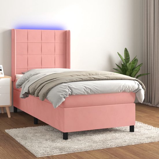 The Living Store Boxspring - Roze fluweel - 203 x 83 x 118/128 cm - Verstelbaar hoofdbord - LED-verlichting - Pocketvering matras - Huidvriendelijk topmatras