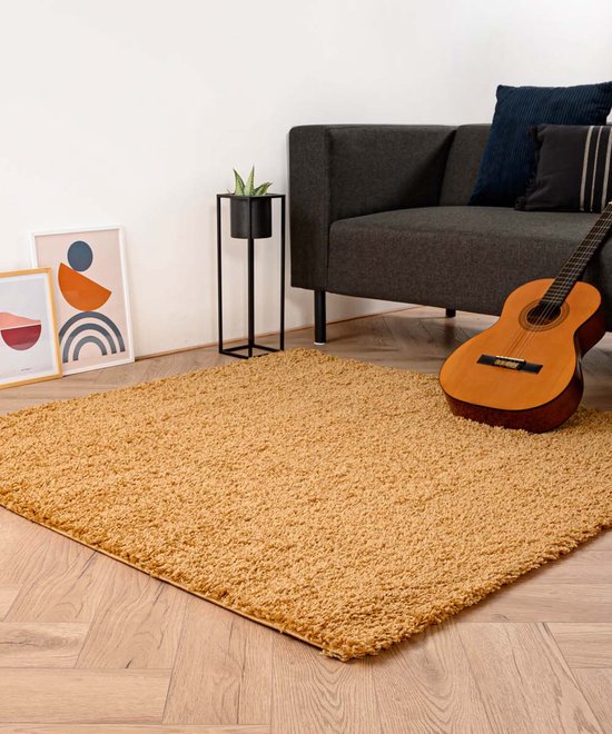 Vierkant hoogpolig vloerkleed shaggy Trend effen - goud 200x200 cm