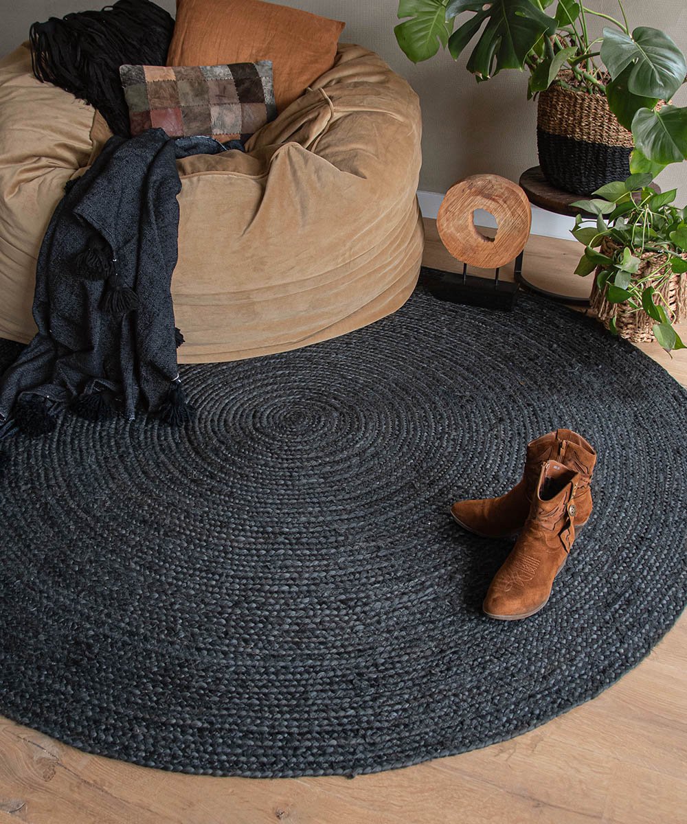 Rond jute vloerkleed - Pure - zwart [special edition] 190 cm