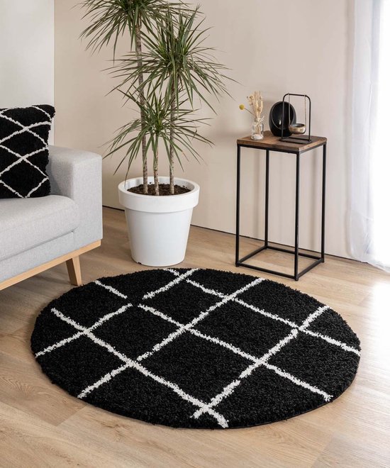 Rond hoogpolig vloerkleed ruiten Artisan - zwart/wit 100 cm rond