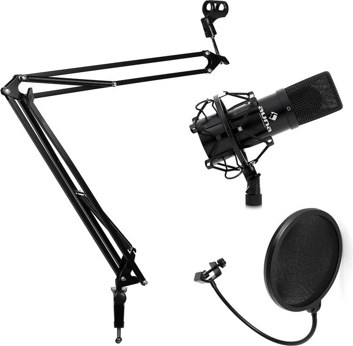Studio microfoonset met microfoon & microfoonarmstatief & popfilter zwart