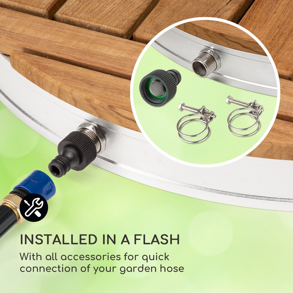 Blumfeldt mobiele tuindouche, buitendouche voor de tuin, vloerdouche met 4m fonteinhoogte, vloertuindouche met houten look voor zwembad & sauna, buitendouche waterdicht, vorst- & UV-bestendig thumbnail 6