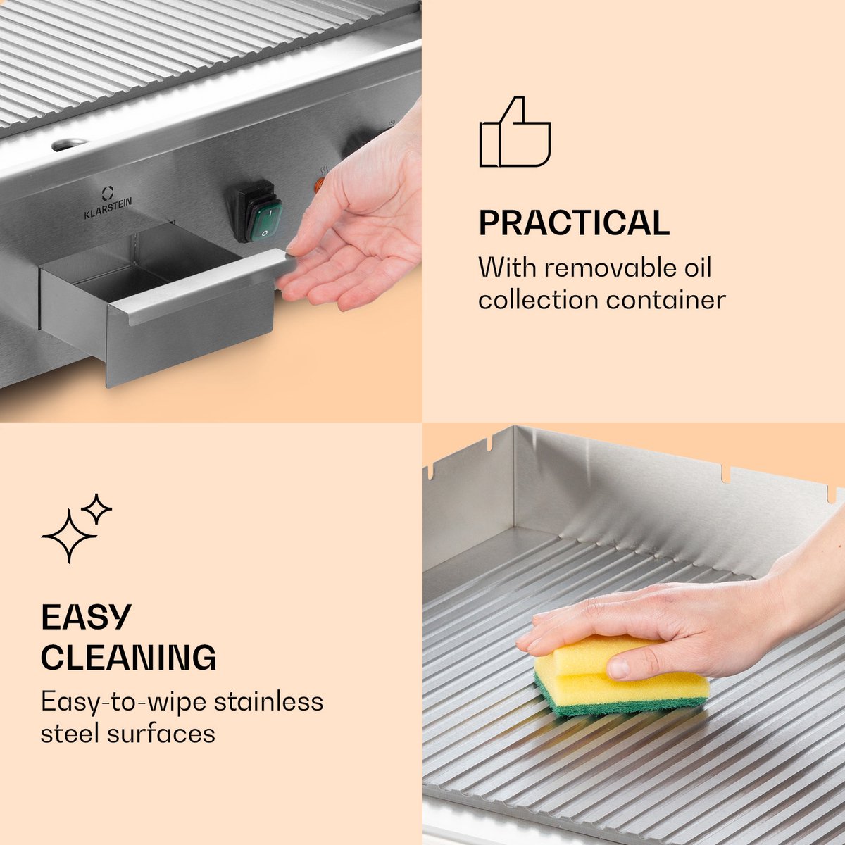 Klarstein elektrische Grill, Tafelgrill met LED-display, elektrische Grill voor Balkon & Binnen, RVS elektrische Grill, Grillplaat met Afneembare Antiaanbakplaat & Spatscherm, elektrische Grill 200 W - 2200W 42 cm 33 kg