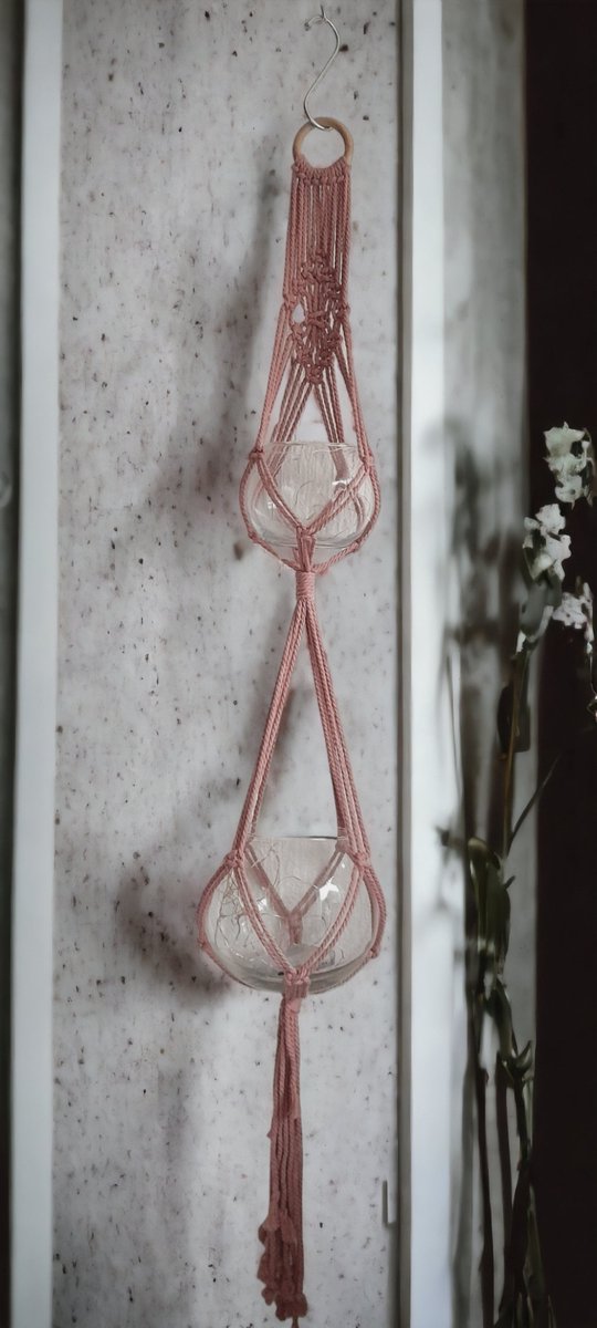 Macramé Plantenhanger voor 2 potten, Oud Roze-125cm lang, Excl. potten, handgemaakt, Cadeau