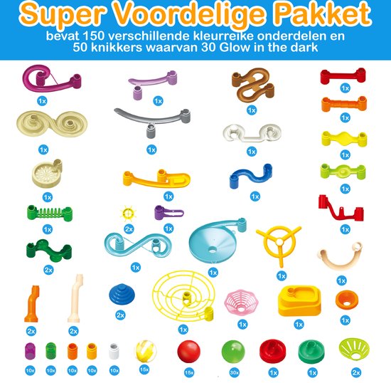 JUST23 Knikkerbaan Ultimate Set - Marble Run - 150 Onderdelen - Glow in the dark knikkers 30ST - Speelgoed van 3 Tot 13 Jaar