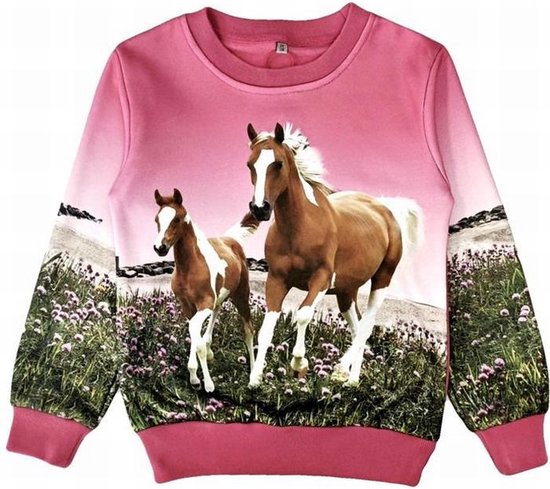 Kinder sweater, trui, met paarden print, roze, maat 122/128, horses, kind, ZEER MOOI!